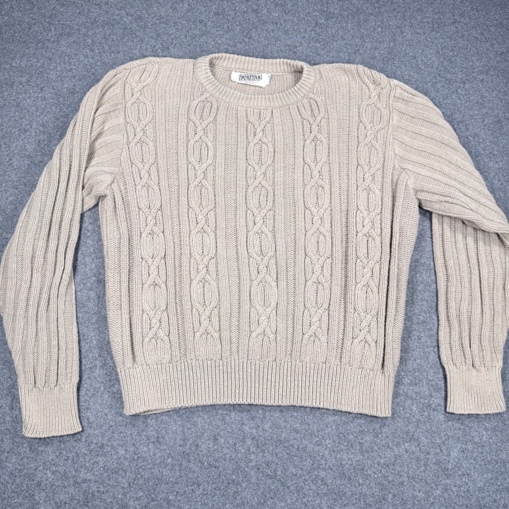 Puritan Vintage Cable Knit Sweater Mens XL Beige Cotton Made in USA Fisherman